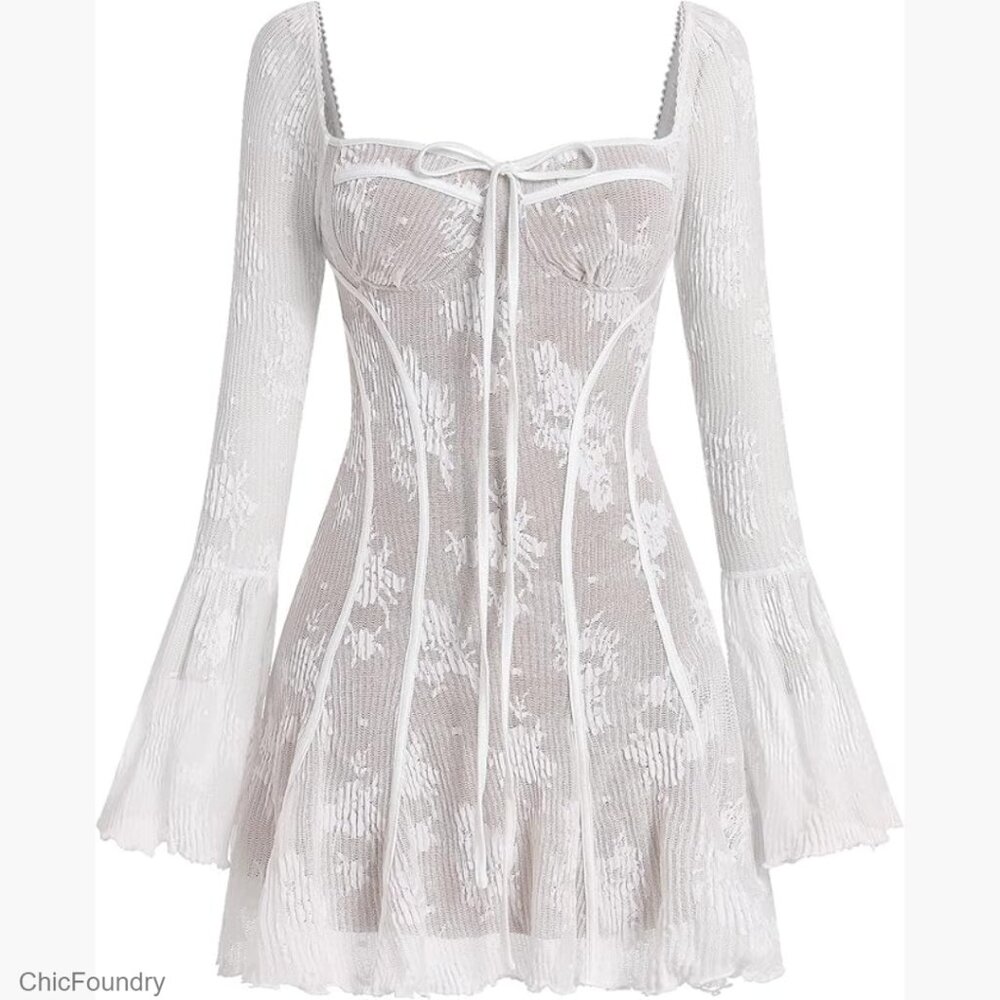 Long Sleeve Corset Mini Dress Lace Ruffle Vintage Party Dress